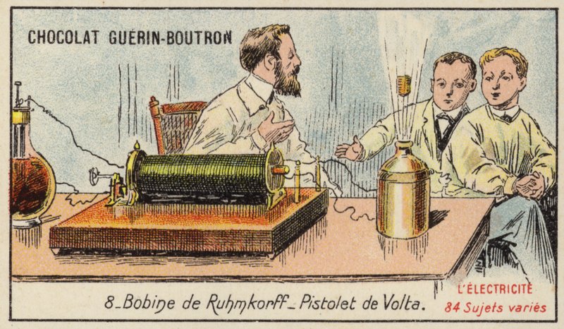 Cewka Ruhmkorffa i pistolet elektryczny Volta autorstwa French School