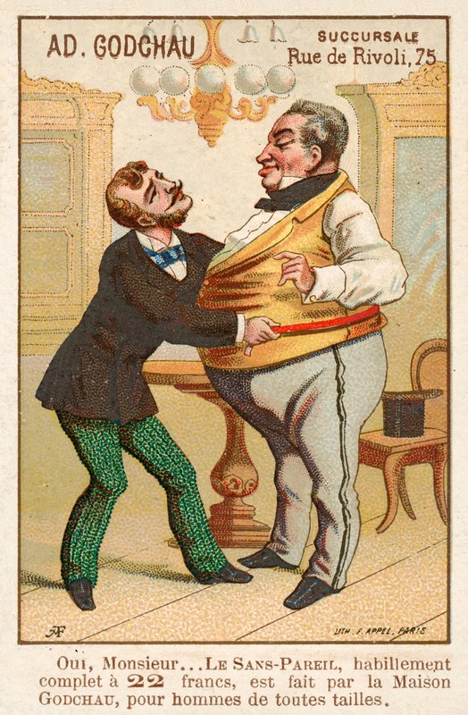 Krawiec mierzący grubego klienta (chromolitho) autorstwa French School