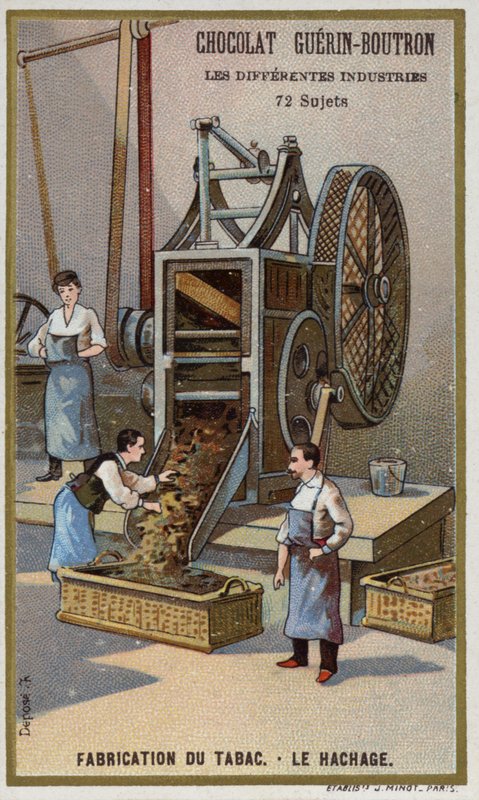 Produkcja tytoniu. Rozdrabnianie liści (chromolitho) autorstwa French School