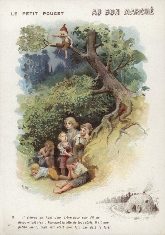 Tom Thumb, siedzący na drzewie autorstwa French School
