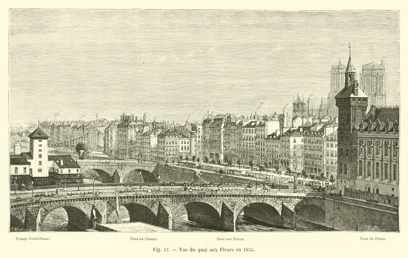 Widok na Quai aux Fleurs w 1855 r. autorstwa French School
