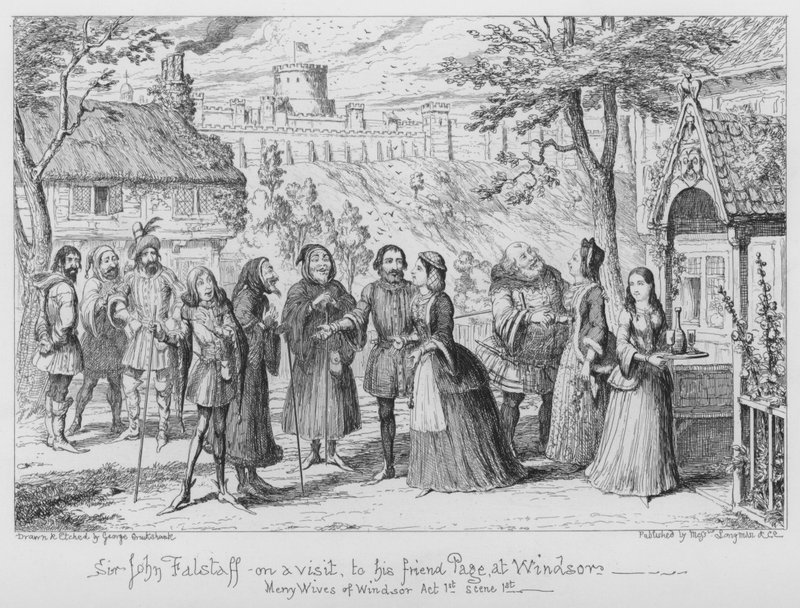 Sir John Falstaff z wizytą u swego przyjaciela Page w Windsor autorstwa George Cruikshank