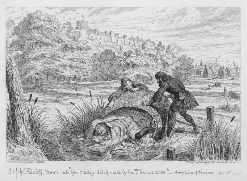 Sir John Falstaff wrzucony do błotnistego rowu niedaleko Tamizy autorstwa George Cruikshank