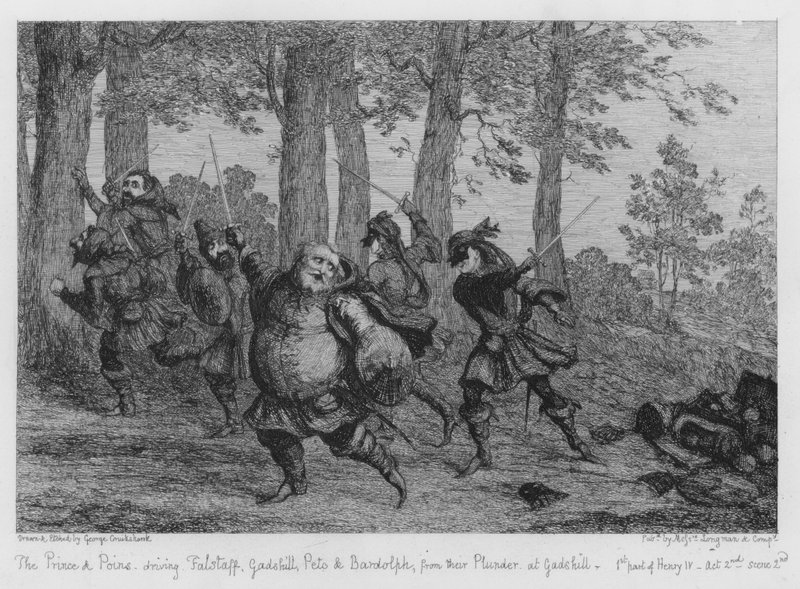 Książę i Poins wypędzają Falstaffa, Gadshilla, Peto i Bardolpha z ich łupów w Gadshill autorstwa George Cruikshank