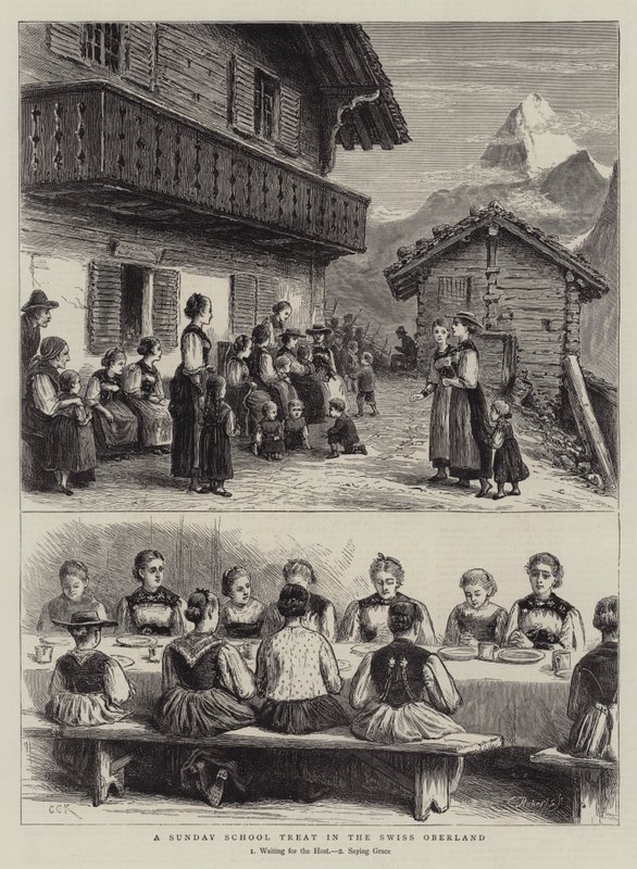Uczta w szkółce niedzielnej w szwajcarskim Oberlandzie autorstwa George Goodwin Kilburne