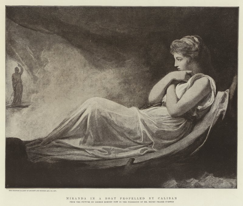 Miranda w łodzi napędzanej przez Kalibana autorstwa George Romney