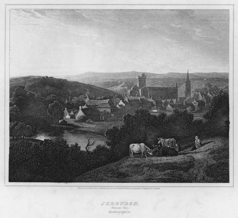 Jedburgh, Widok ogólny, Roxburghshire (grawerowanie) autorstwa George (after) Arnald