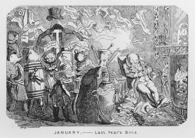 Styczeń, zeszłoroczne rachunki (grawerowanie) autorstwa George Cruikshank