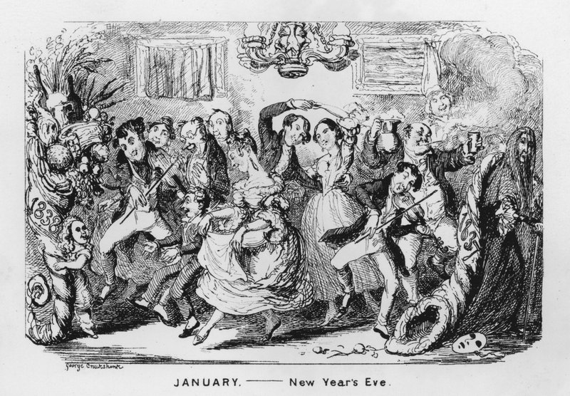 styczeń, sylwester (grawerowanie) autorstwa George Cruikshank