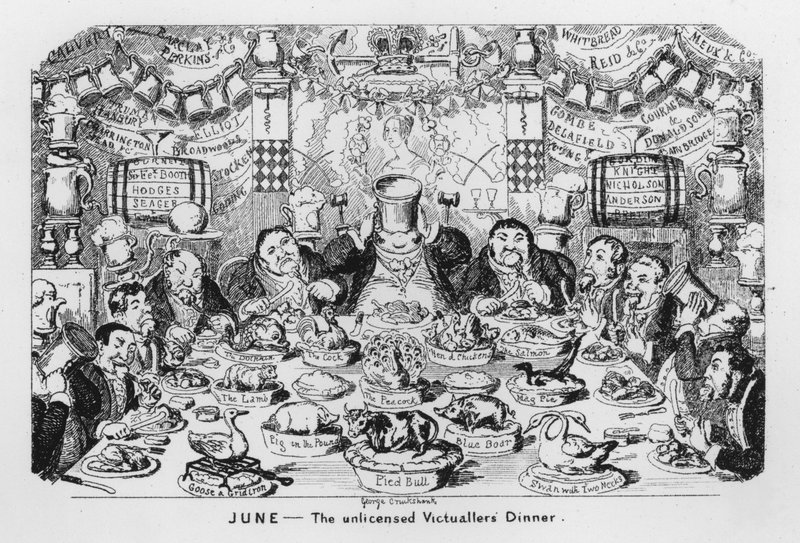 Czerwiec, Nielicencjonowani Victuallers? Kolacja autorstwa George Cruikshank