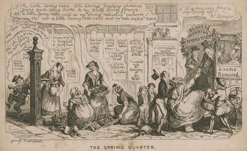 Kwartał Wiosny; kreskówka autorstwa George Cruikshank