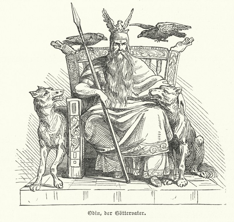 Odyn , bóg mitologii nordyckiej (grawerowanie) autorstwa German School