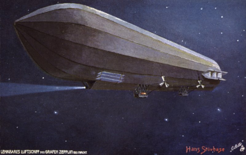 Sterowiec Zeppelin lecący w nocy autorstwa German School