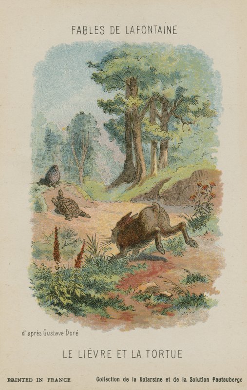Żółw i zając (chromolitho) autorstwa Gustave Dore