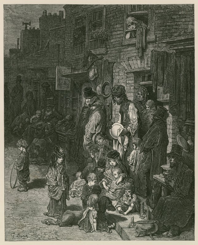 Slumsy w Londynie (grawerowanie) autorstwa Gustave Dore