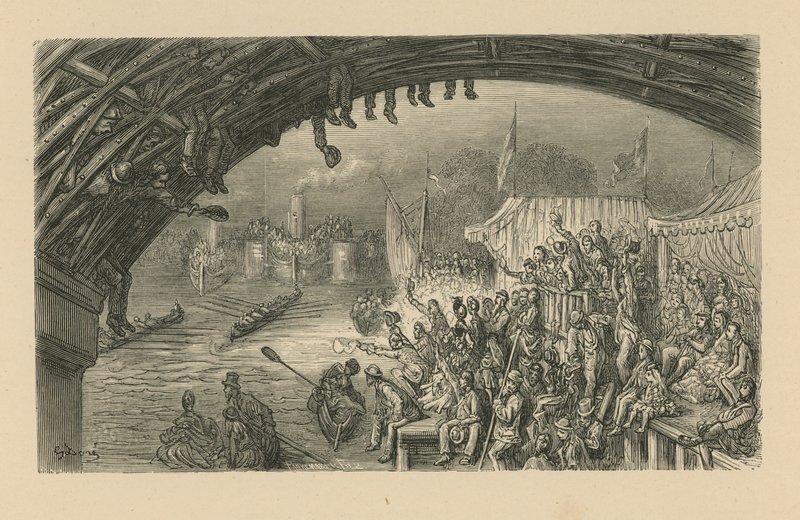 Widzowie oglądający wyścig łodzi autorstwa Gustave Dore