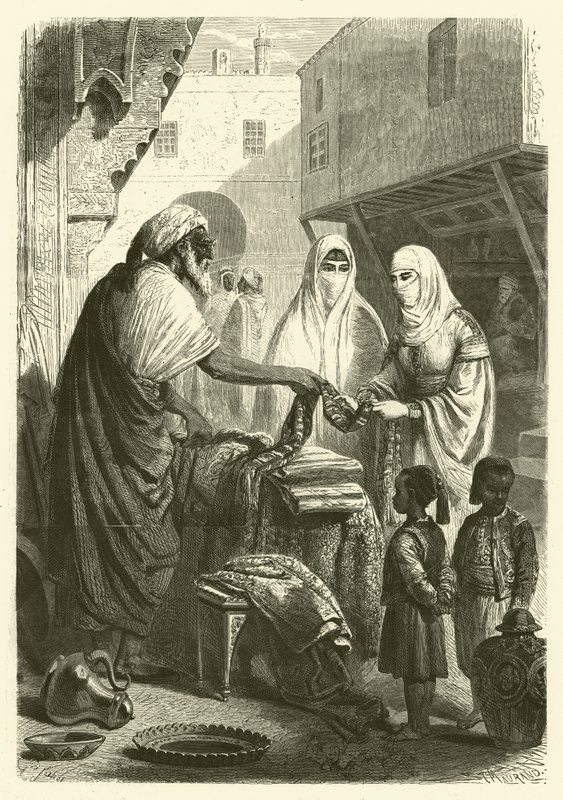Bazar w Mogador, Maroko (grafika) autorstwa Gustave Janet