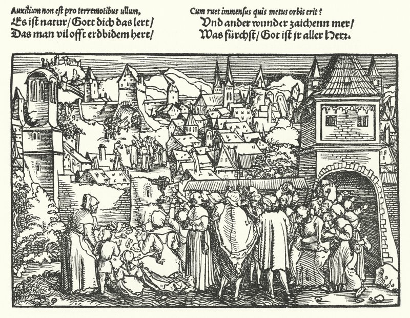 Trzęsienie ziemi (grawerowanie) autorstwa Hans (after) Burgkmair