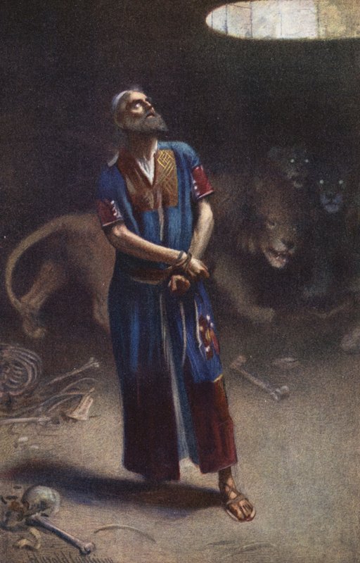 Daniel w jaskini lwów (kolorowa litografia) autorstwa Harold Copping