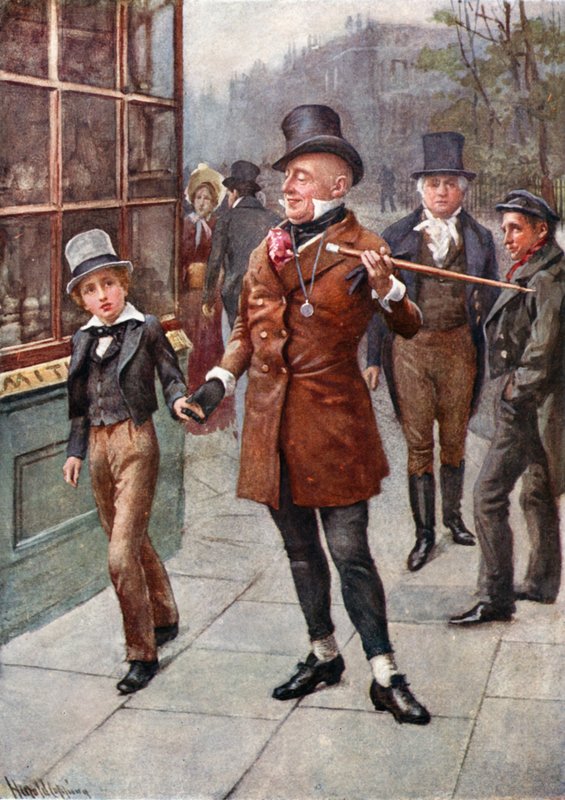 Pan Micawber prowadzi Davida do domu (kolor lito) autorstwa Harold Copping
