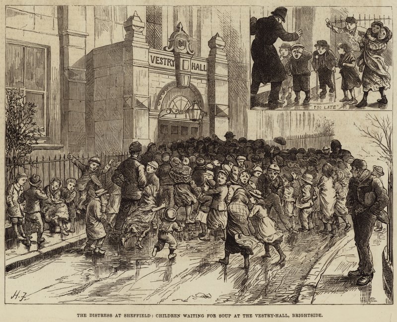 Cierpienie w Sheffield, Dzieci czekające na Zupę w Vestry-Hall, Brightside autorstwa Harry Furniss