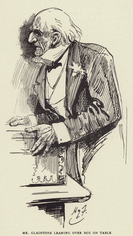 Pan Gladstone pochylający się nad pudełkiem na stole autorstwa Harry Furniss
