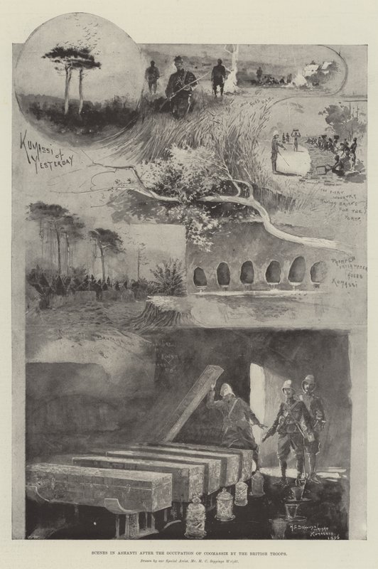 Sceny w Aszanti po zajęciu Coomassie przez oddziały brytyjskie autorstwa Henry Charles Seppings Wright