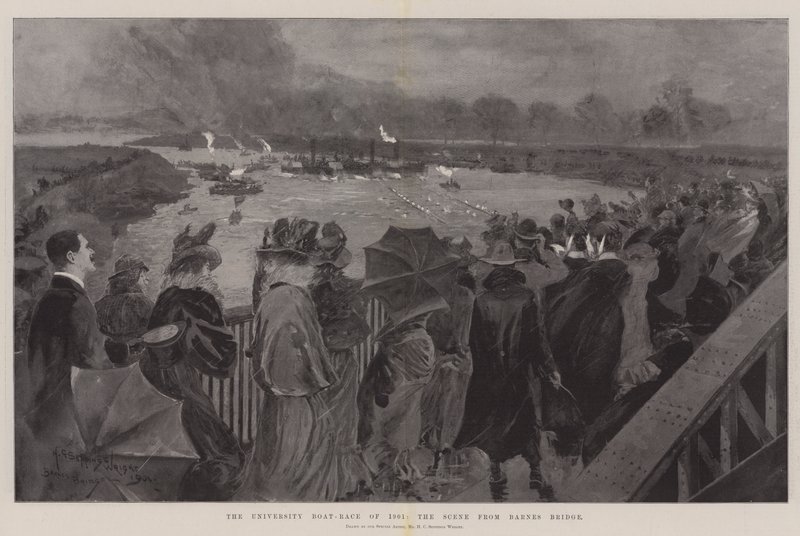 Uniwersytecki regat 1901, scena z mostu Barnes autorstwa Henry Charles Seppings Wright