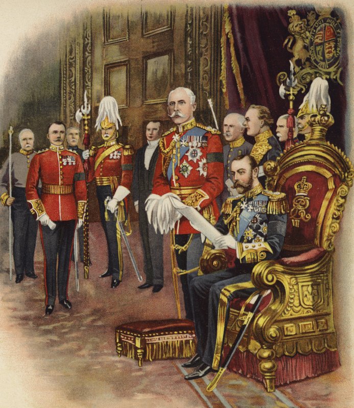 Król Jerzy V odbywa swój pierwszy dwór, maj 1910 (chromolitho) autorstwa Henry Payne