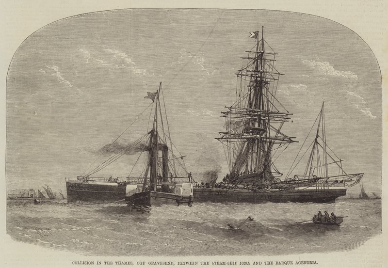 Kolizja na Tamizie, niedaleko Gravesend, między parowcem Iona a Barque Agenoria autorstwa Henry Spernon Tozer