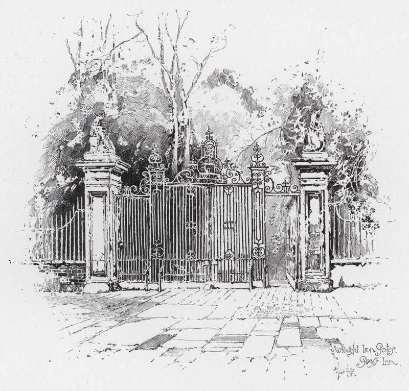 Bramy z kutego żelaza, gospoda Graya (grawerowanie) autorstwa Herbert (after) Railton