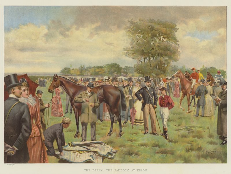 Derby, padok w Epsom (chromolitho) autorstwa Isaac J. Cullin