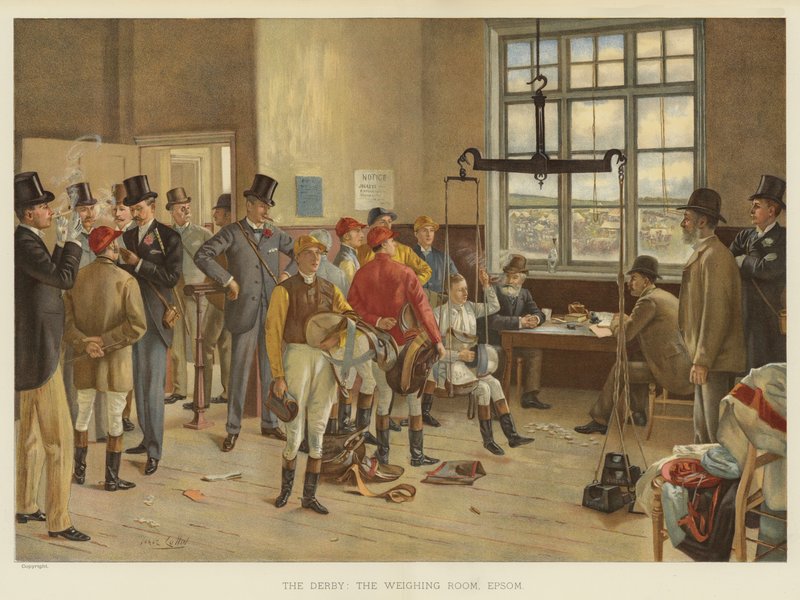 The Derby, sala ważenia, Epsom (chromolit) autorstwa Isaac J. Cullin