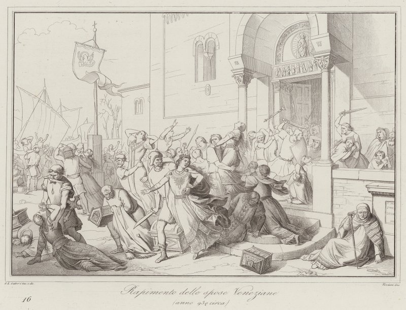 Porwanie weneckich panien młodych, 930 (grawerowanie) autorstwa Italian School