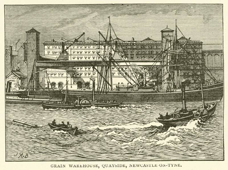 Magazyn zboża, Quayside, Newcastle-on-Tyne (grawerowanie) autorstwa J.R. Brown