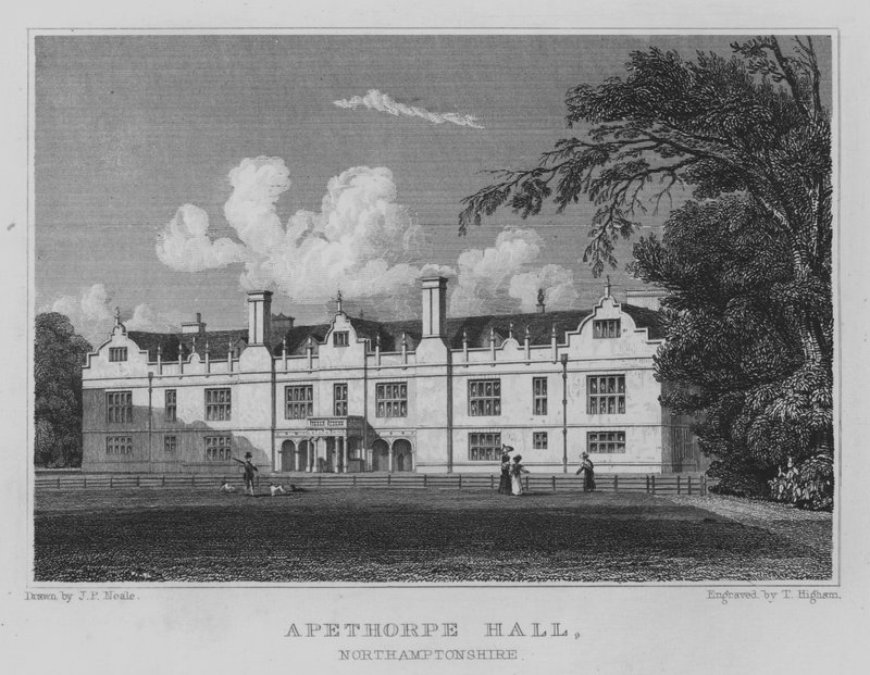 Apethorpe Hall, Northamptonshire (grawerowanie) autorstwa John Preston Neale