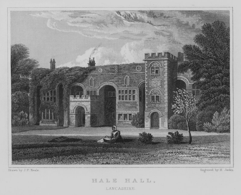 Hale Hall, Lancashire (grawerowanie) autorstwa John Preston Neale