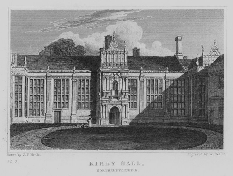 Kirby Hall, Northamptonshire (grawerowanie) autorstwa John Preston Neale