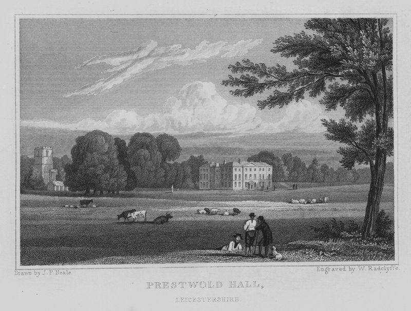 Prestwold Hall, Leicestershire (grawerowanie) autorstwa John Preston Neale