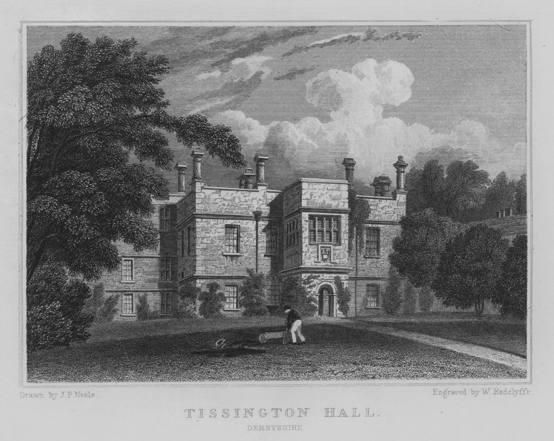 Tissington Hall, Derbyshire (grawerowanie) autorstwa John Preston Neale