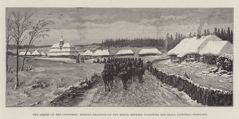 Armie kontynentu, rosyjscy dragoni w marszu między Ivanowitzem a Skalą (granica austriacka) autorstwa Johann Nepomuk Schonberg