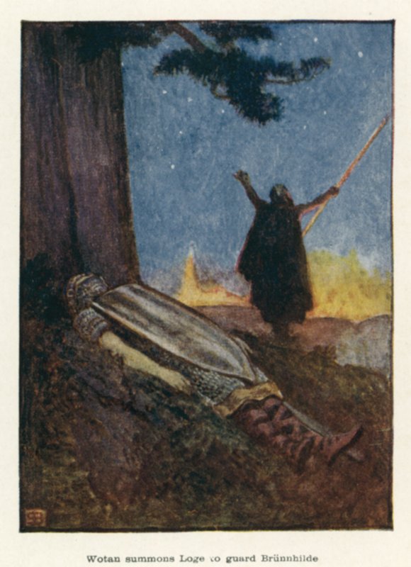 Wotan wzywa Loge, aby strzegł Brunnhildy. autorstwa John Byam Liston Shaw
