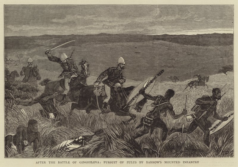 Po bitwie pod Ginghilową, pogoń konnej piechoty Barrowa za Zulusami autorstwa John Charles Dollman