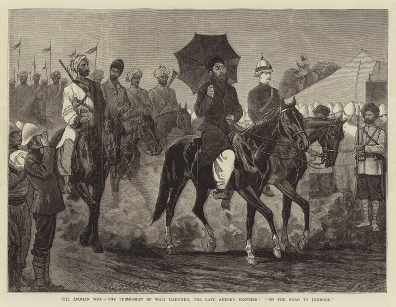 Wojna afgańska, poddanie się Waliego Mahomeda, brata zmarłego Ameera, na drodze do Jumrood autorstwa John Charles Dollman