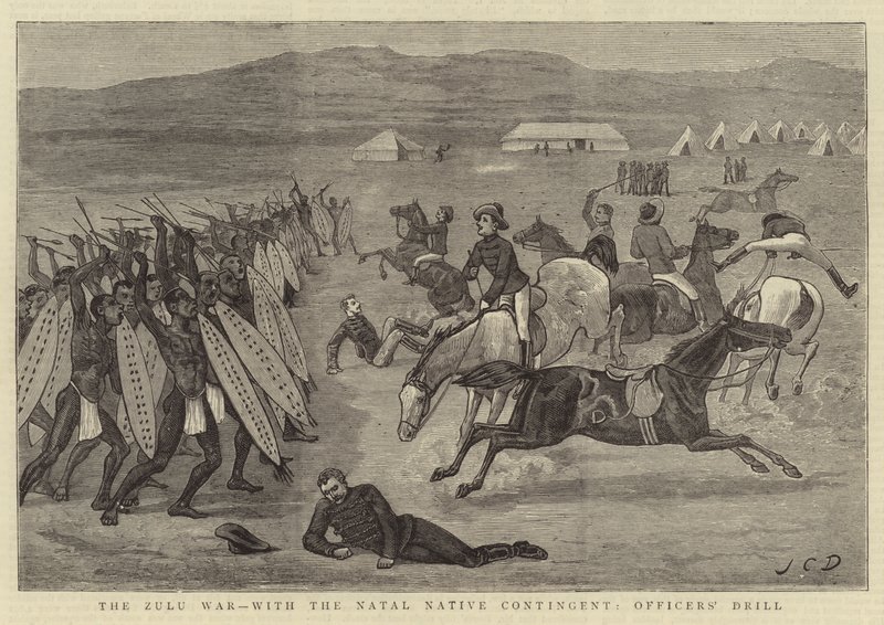 Wojna zuluska, z rdzennym kontyngentem Natalu, musztra oficerska autorstwa John Charles Dollman