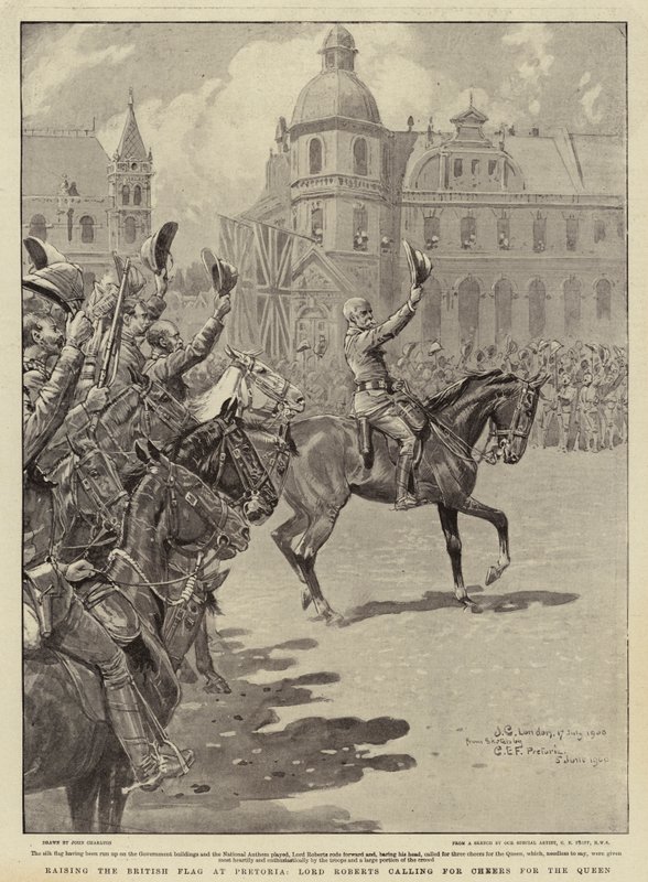 Podnosząc flagę brytyjską w Pretorii, Lord Roberts wzywający okrzyki dla królowej autorstwa John Charlton