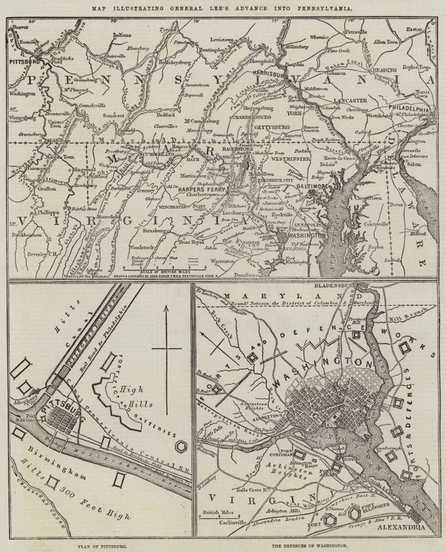Mapa ilustrująca natarcie generała Lee do Pensylwanii autorstwa John Dower