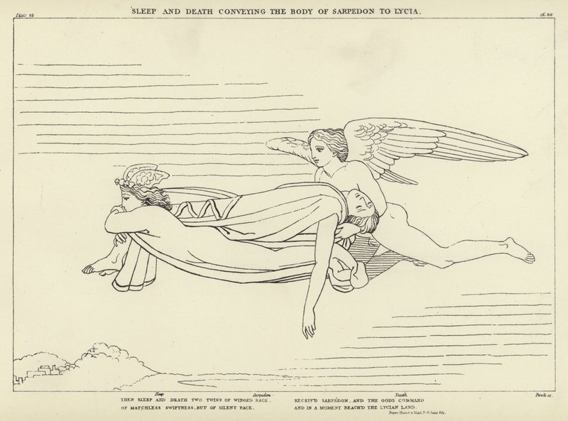 Sen i Śmierć przewożące ciało Sarpedona do Lycji autorstwa John Flaxman