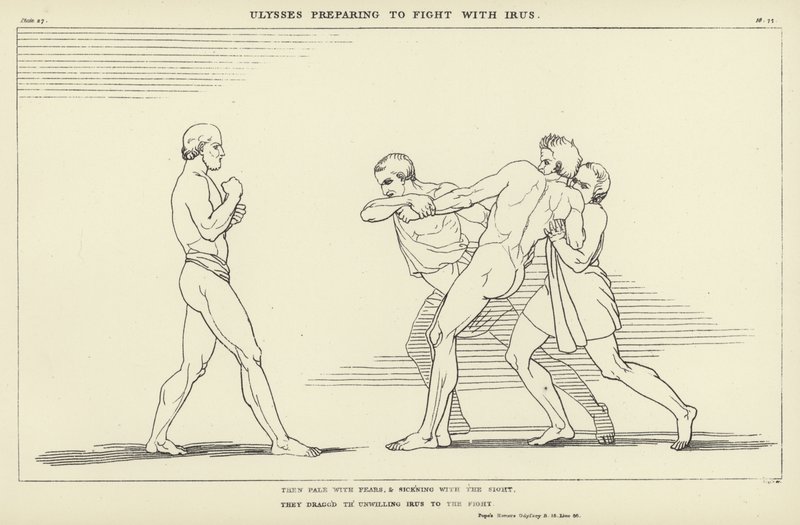 Odyseusz przygotowuje się do walki z Irusem autorstwa John Flaxman