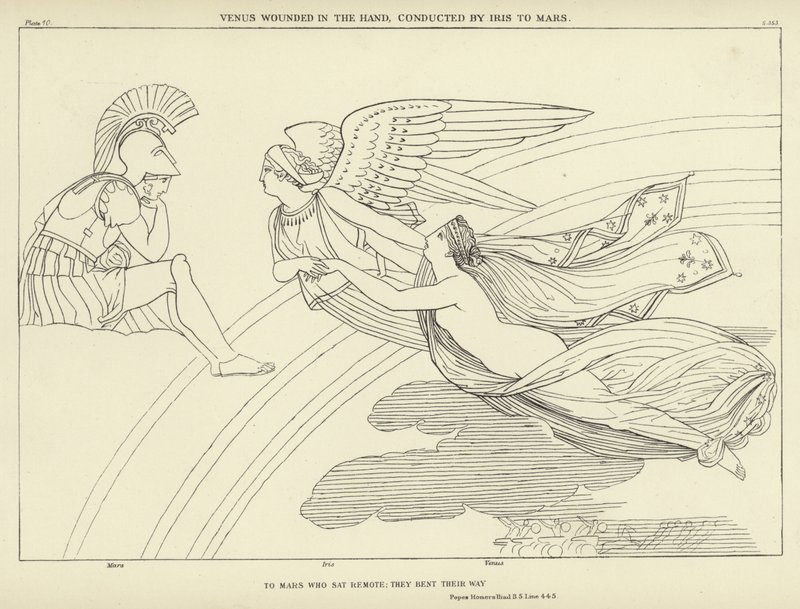 Wenus zraniona w rękę, prowadzona przez Iris na Marsa autorstwa John Flaxman